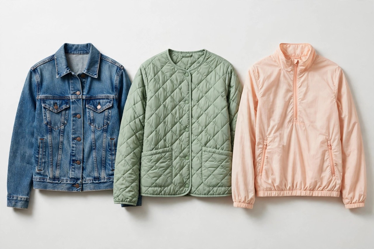 Women's lightweight jackets laid out: a denim jacket, a quilted jacket and a windbreaker