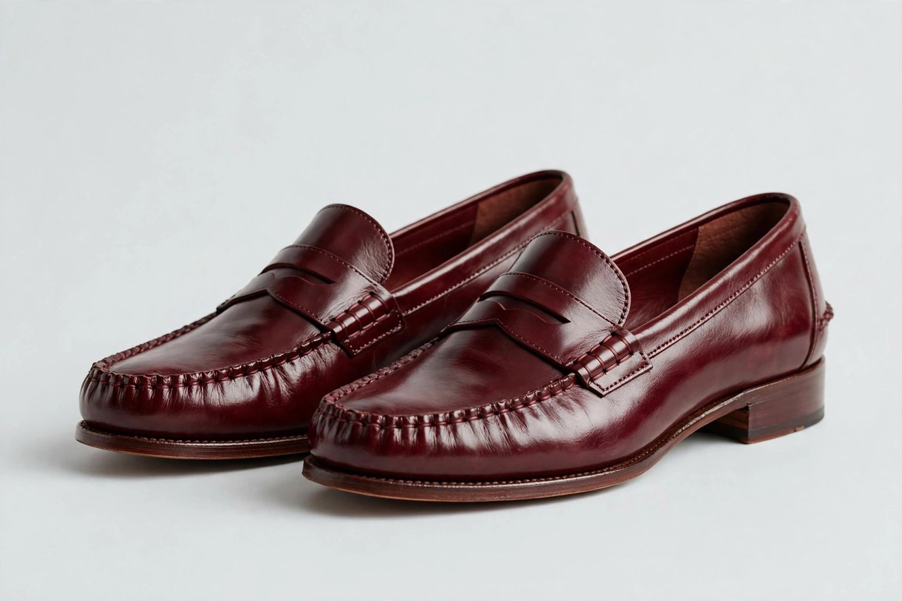 A pair of women's classic penny loafers in polished burgundy leather