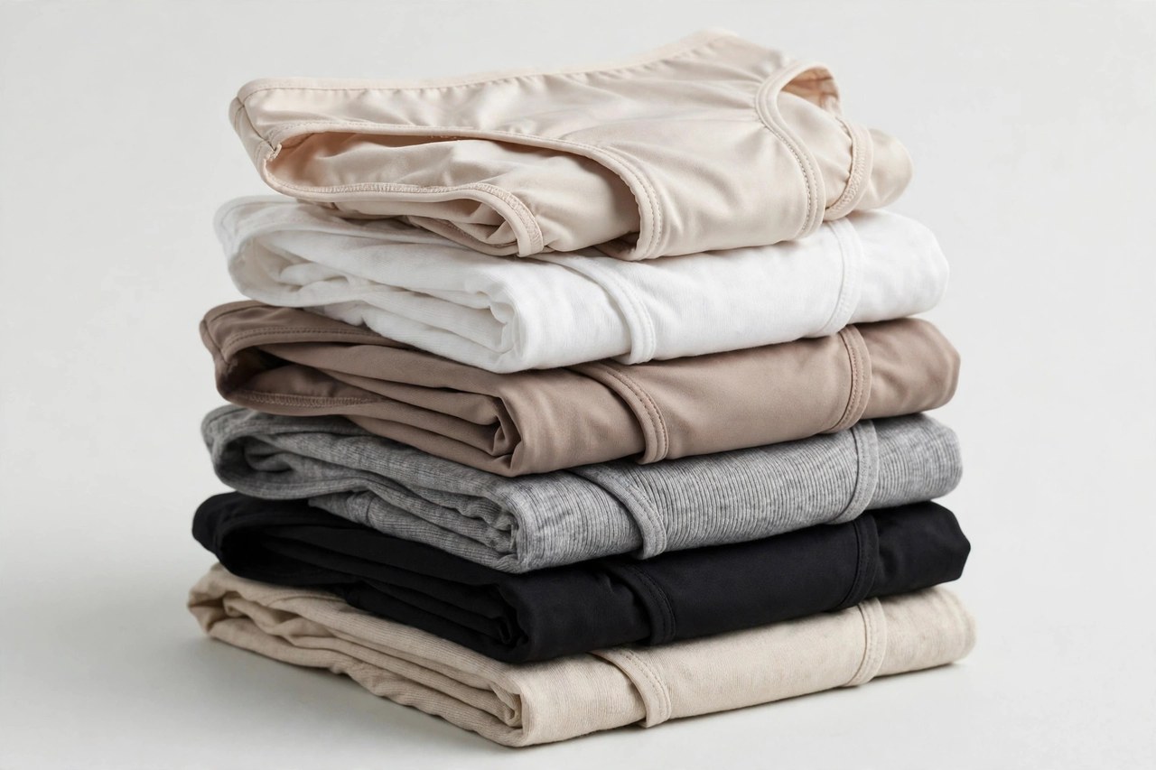 A folded stack of women's low-rise underwear in assorted styles and neutral colors