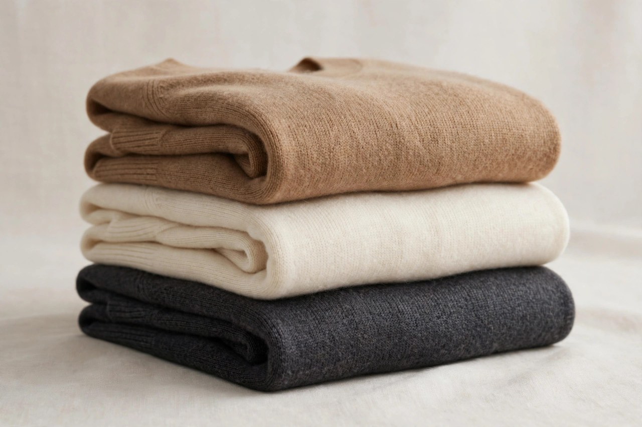 A luxuriously folded stack of women's fine cashmere and merino knit sweaters in camel, ivory and charcoal