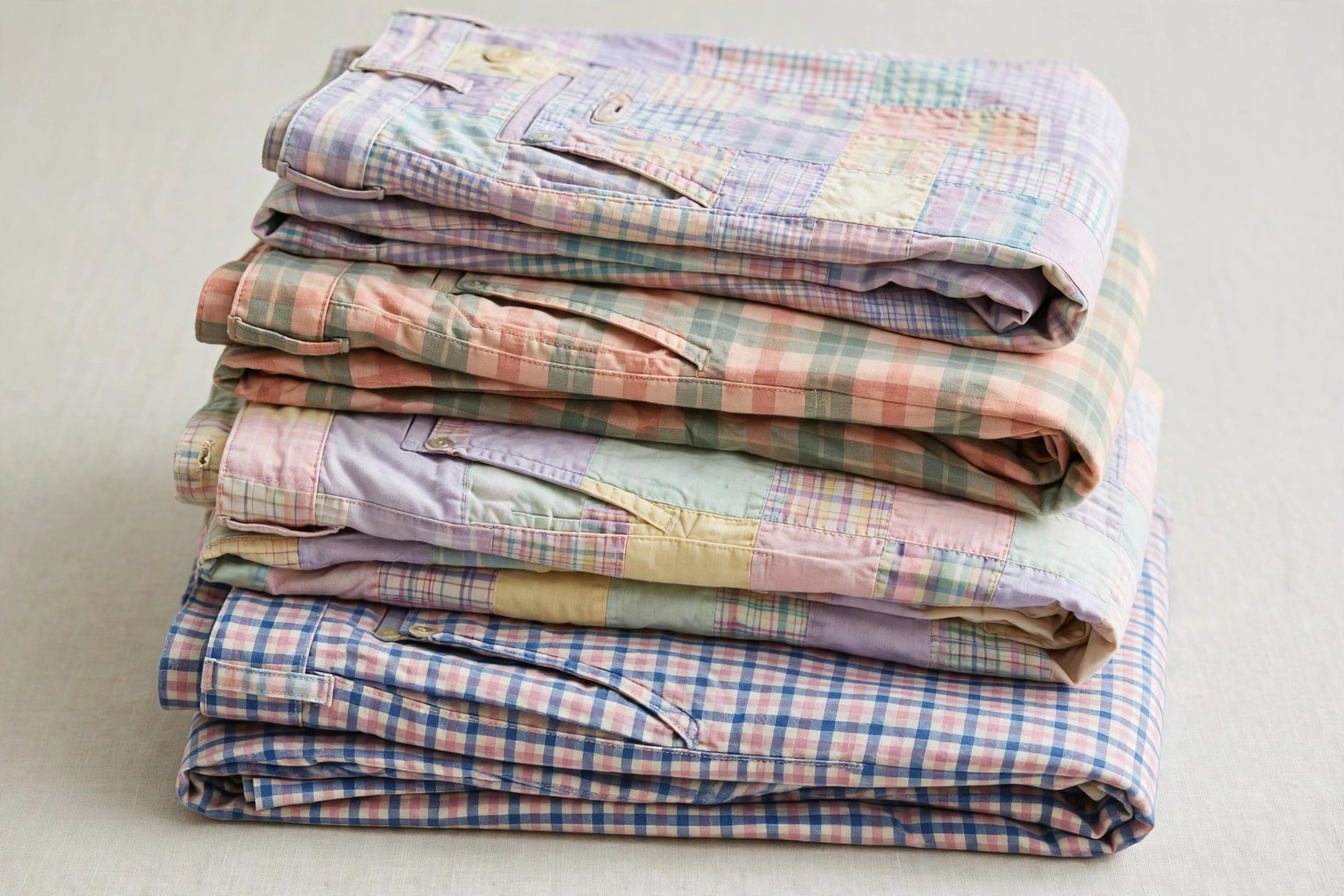 Women's madras pants in a colorful plaid check of red, blue and yellow cotton, folded beside a pair of patchwork madras lounge pants