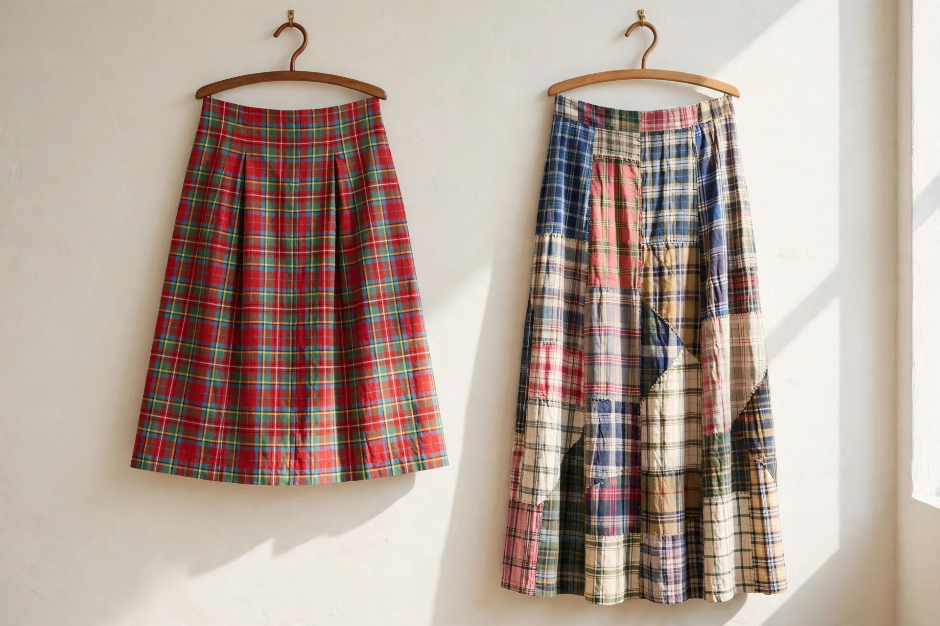 Women's madras skirts in colorful cotton plaid: an A-line skirt, a tiered skirt and a patchwork madras skirt laid out together