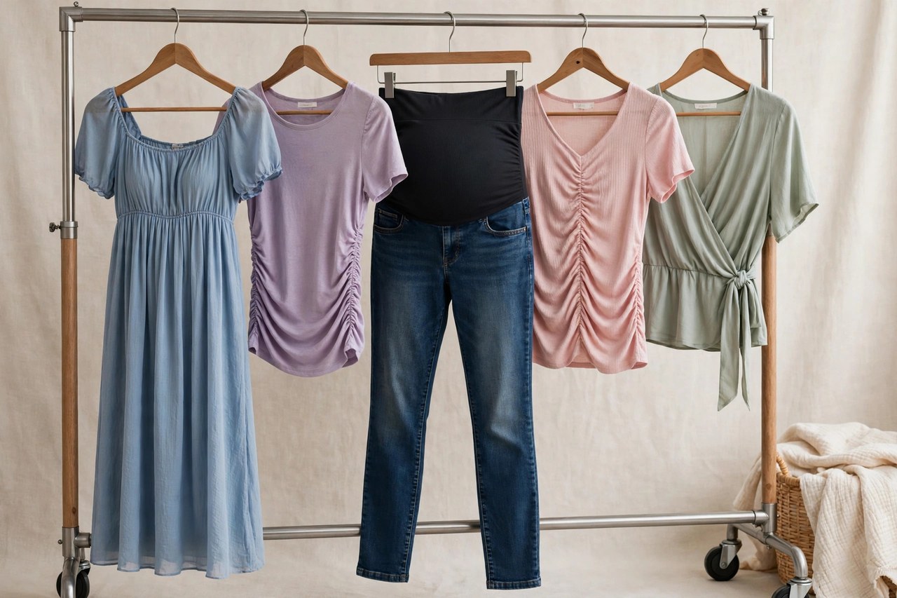 A rail of women's maternity apparel: empire-waist dresses, ruched tops, maternity jeans with belly panels and a wrap top