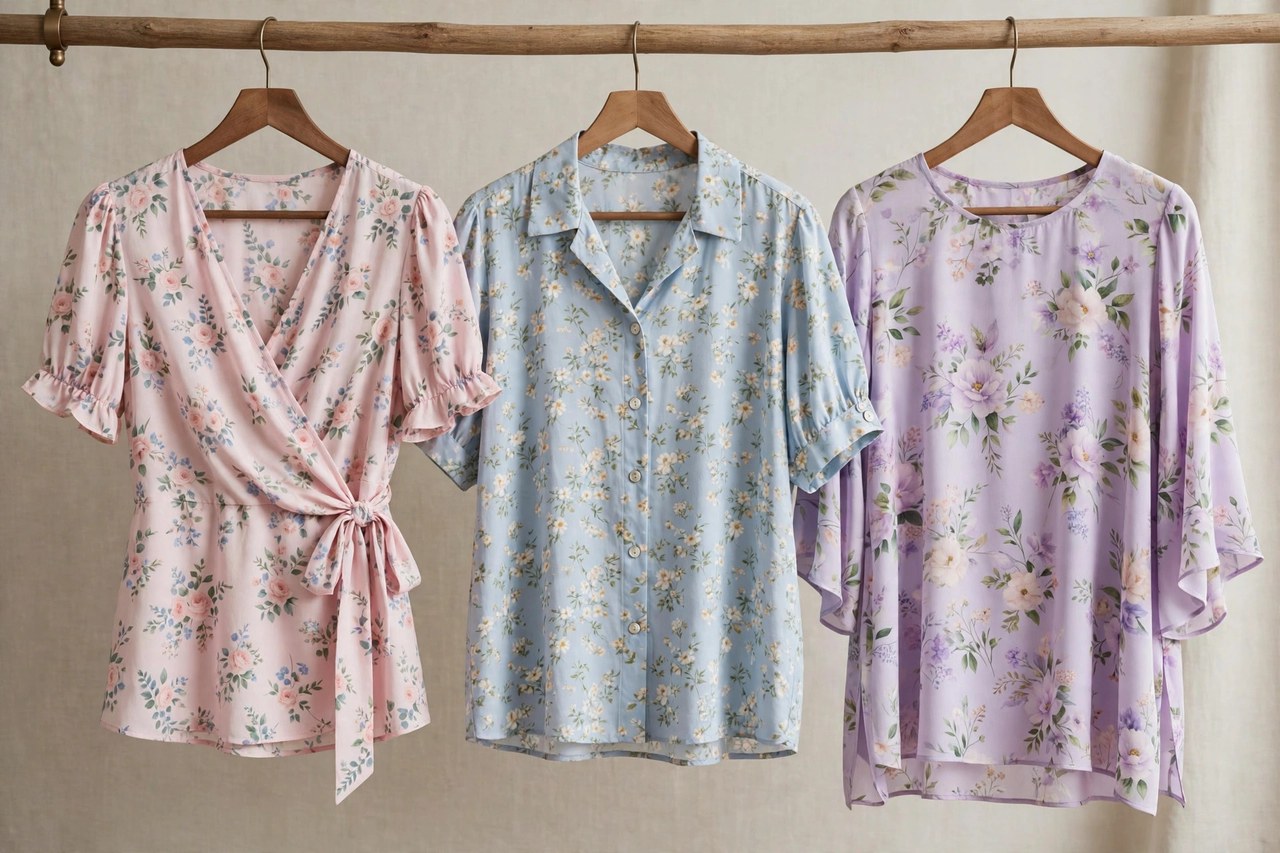 Women's maternity blouses on a rail: a wrap blouse, a button-front blouse and a flowing tunic blouse in pastel and floral fabrics