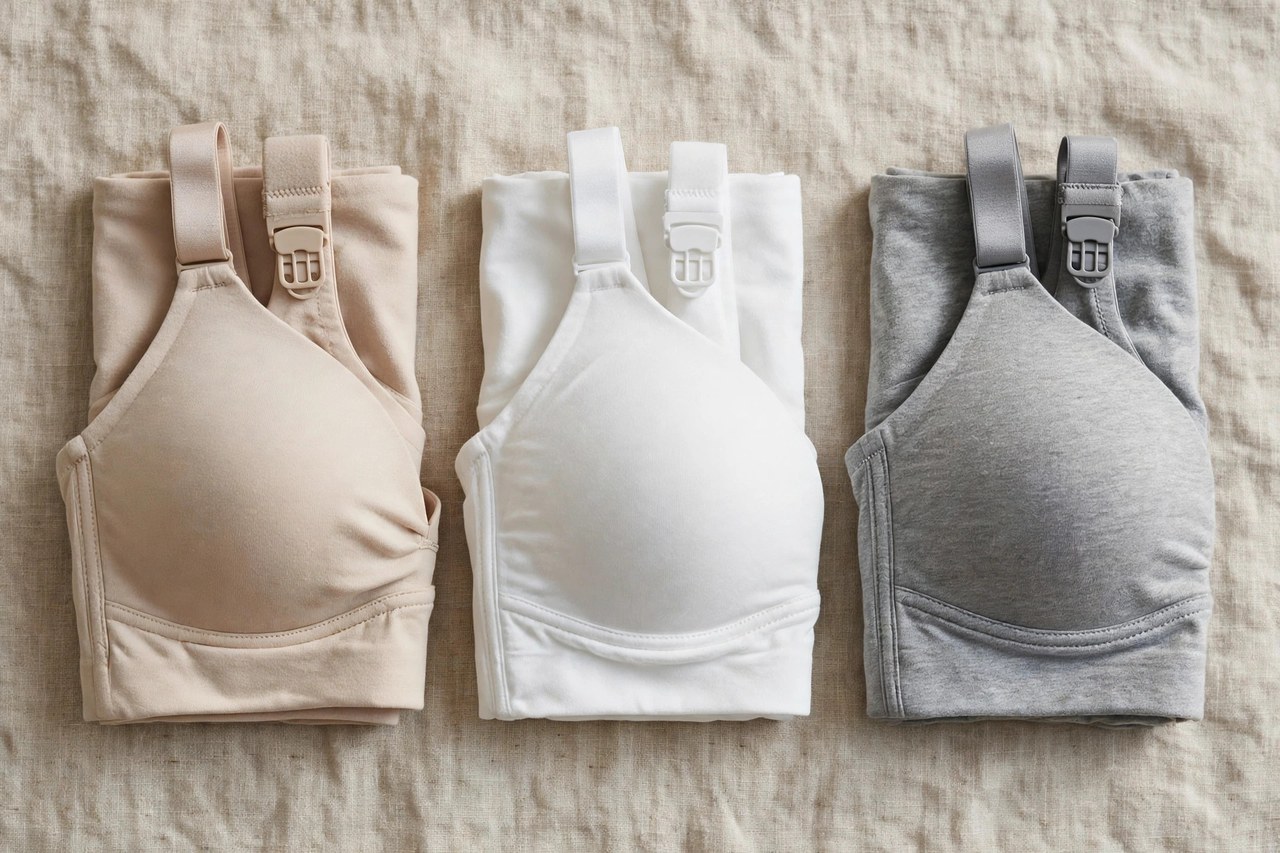 Folded women's maternity and nursing bras in beige, white and grey with wide straps and nursing clips, laid flat