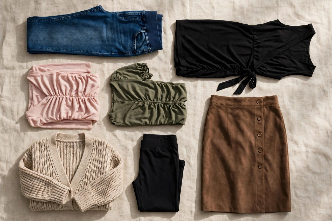 A capsule maternity wardrobe laid flat: maternity jeans, a black dress, ruched tops, a cardigan, leggings and a skirt