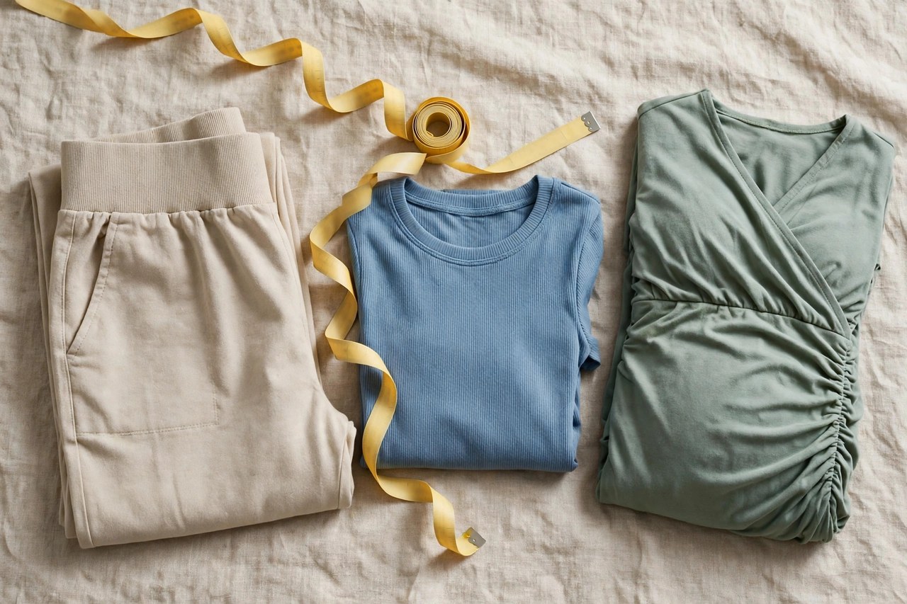 Maternity clothing with a measuring tape beside folded garments: panel pants, a stretch top and a dress, showing fit details