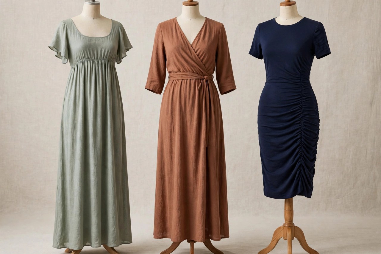 Women's maternity dresses on dress forms: an empire-waist maxi dress, a wrap dress and a fitted knee-length dress with side ruching