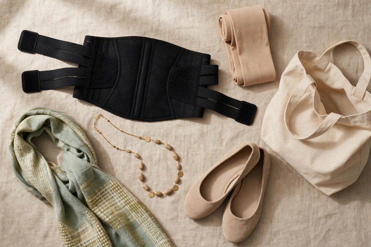 Maternity fashion accessories in a flat lay: a belly support belt, compression hosiery, a scarf, a roomy tote bag, a long necklace and flats