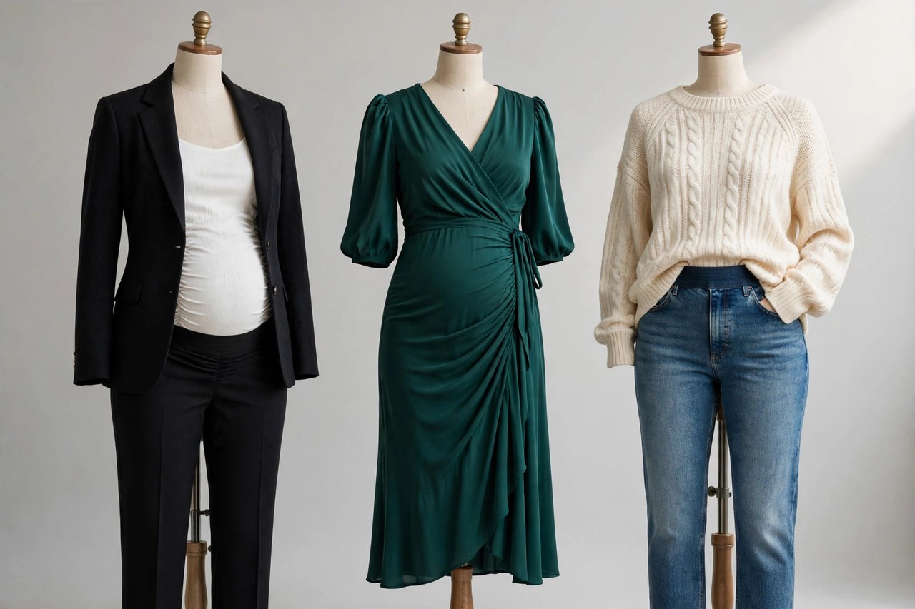 Three styled maternity outfits on dress forms: a work blazer outfit, an occasion dress outfit and a casual jeans outfit