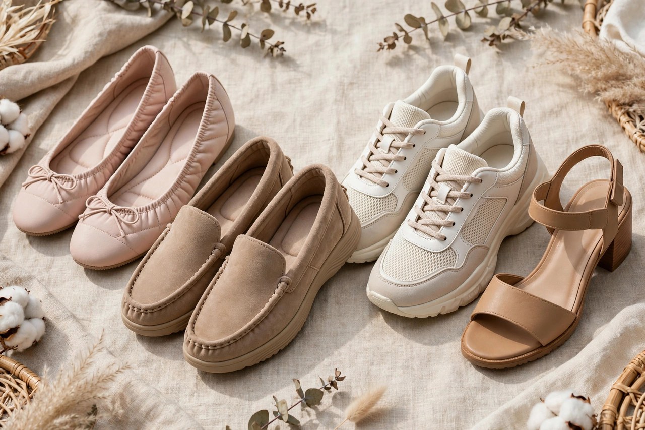 Comfortable women's shoes for pregnancy: ballet flats, cushioned loafers, supportive sneakers and low block-heel sandals