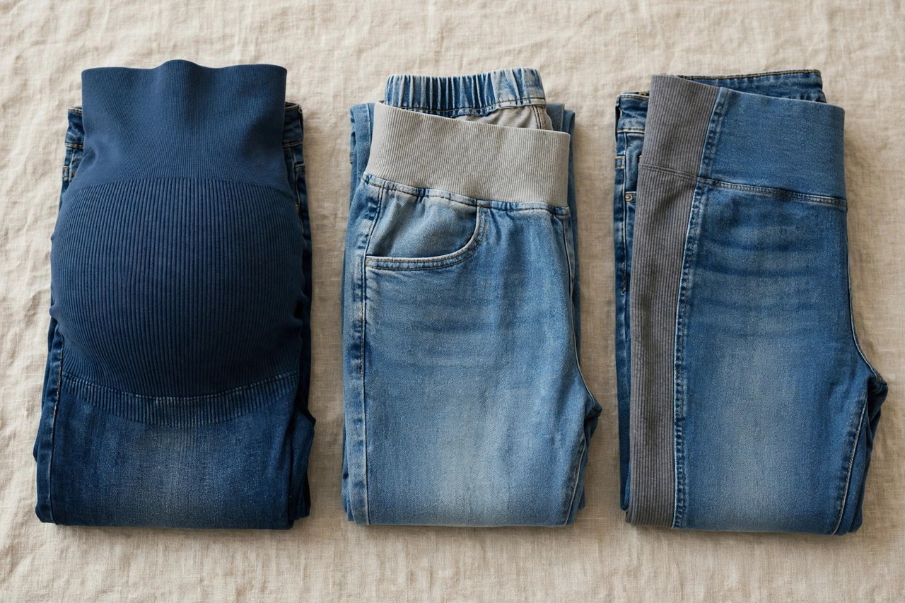 Three pairs of women's maternity jeans folded to show a full over-belly panel, an under-belly band and side panels