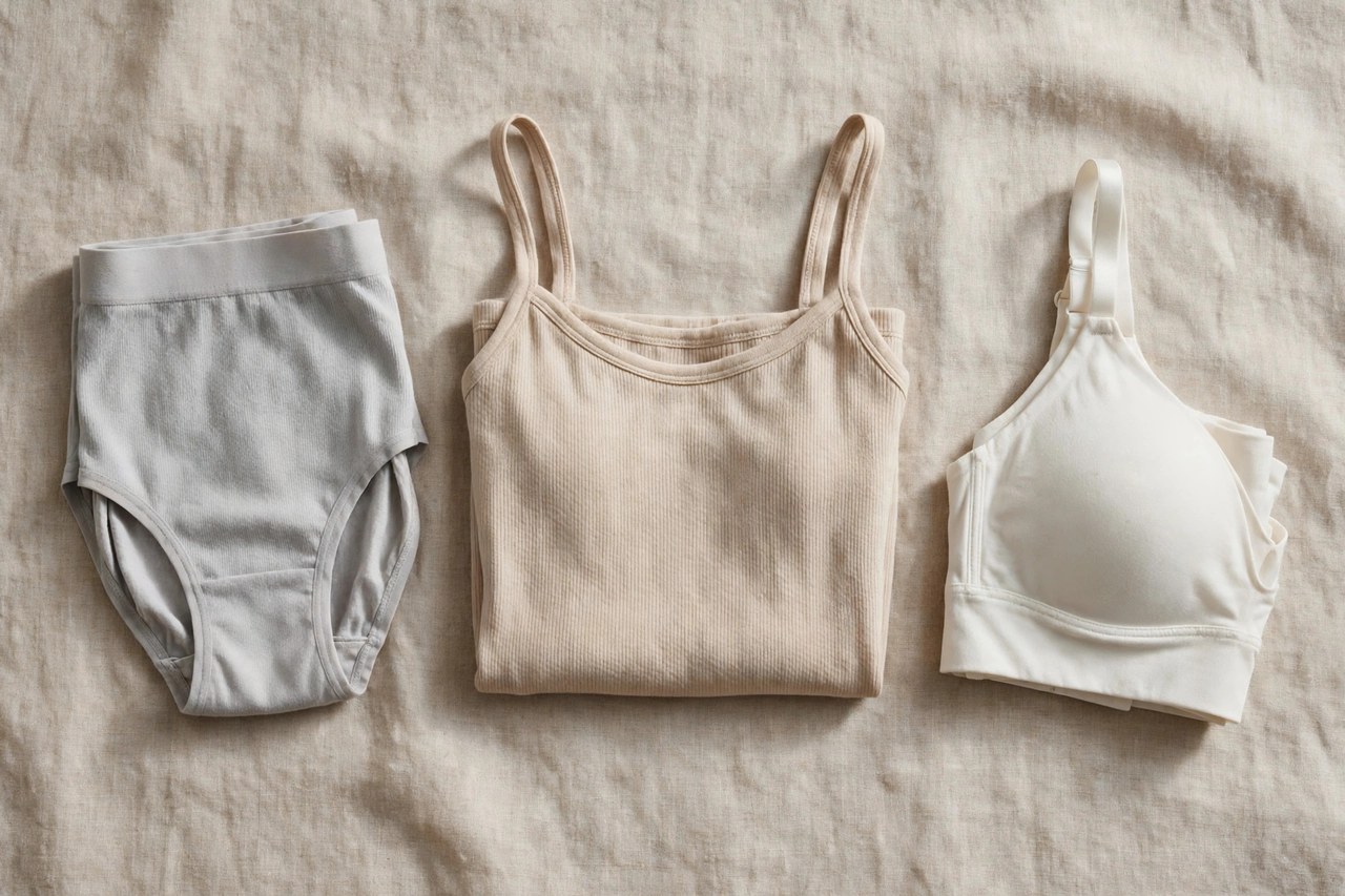 Neatly folded women's maternity underwear and soft undergarments in white, beige and grey, a modest flat lay