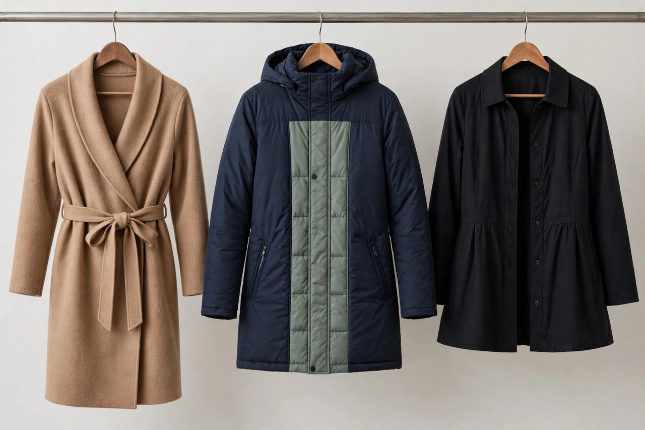 Women's maternity outerwear on hangers: a wrap coat with a tie belt, a padded parka with a panel insert and a swing jacket