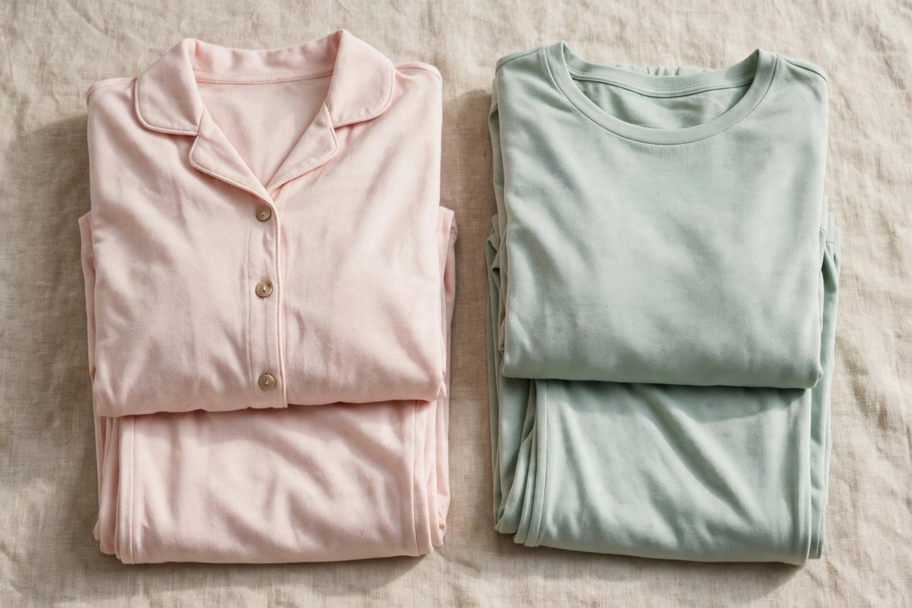 Folded women's maternity pajama sets: a button-front nursing pajama set and a stretch jersey top-and-pants set in pastel colors