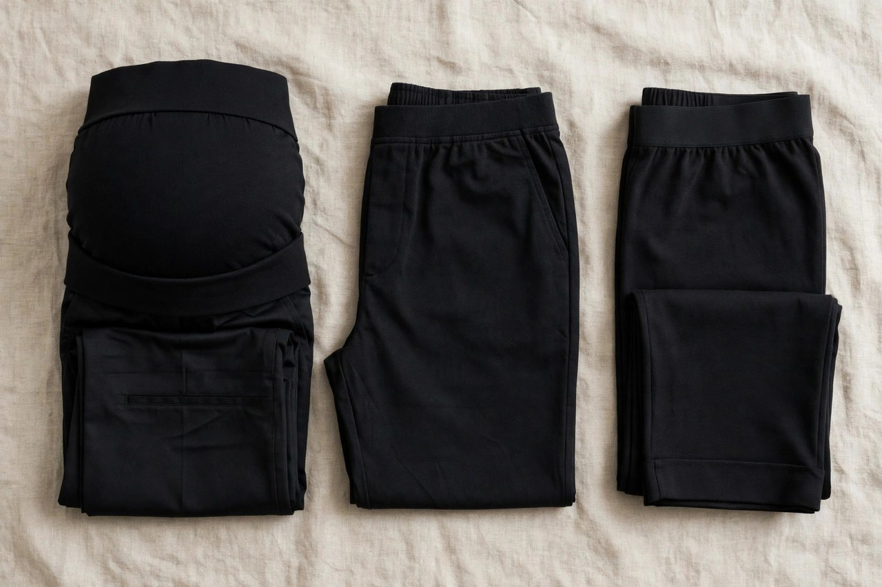 Women's maternity pants folded: black work trousers with a full belly panel, under-belly casual pants and capris with elastic waistbands