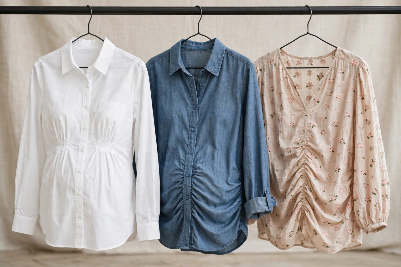 Women's maternity shirts on a rail: a button-front shirt, a chambray shirt and a blouse-style shirt with room through the middle