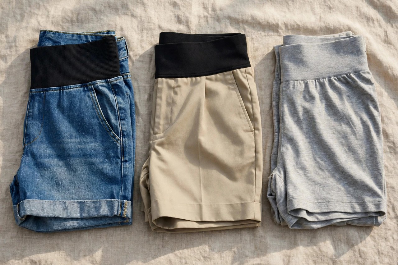 Women's maternity shorts folded: denim shorts with a stretch panel, tailored Bermuda shorts with an under-belly band and soft jersey shorts