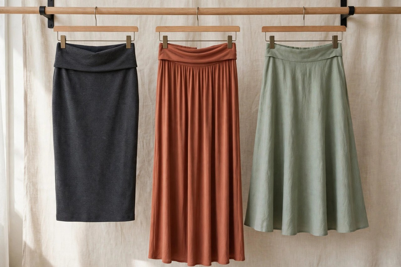 Women's maternity skirts on a rail: a jersey pencil skirt with a fold-over belly band, a maxi skirt and an A-line skirt