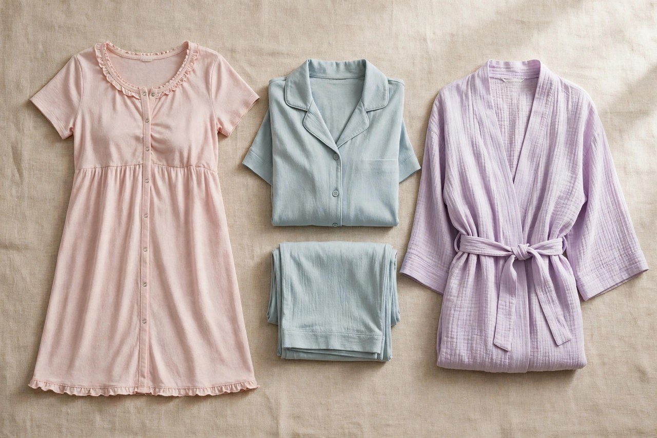 Women's maternity sleepwear: a soft nursing nightgown, a pajama set and a lightweight robe in pastel colors