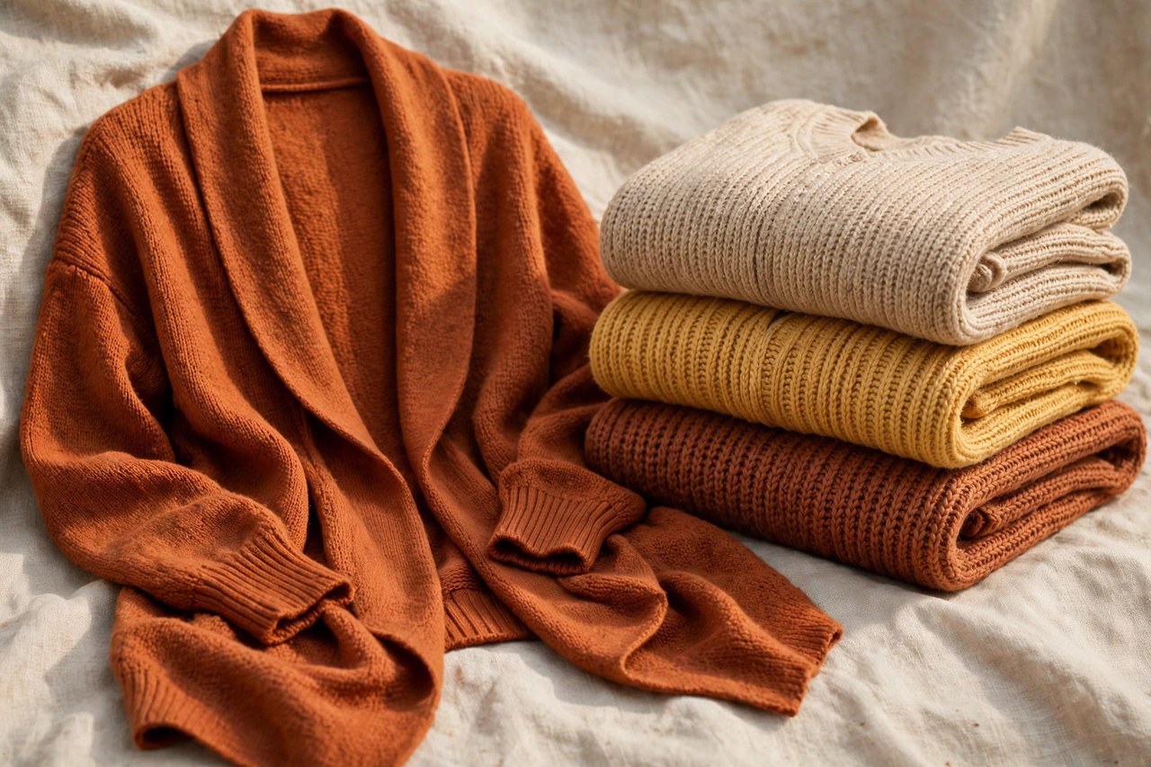 A folded stack of women's maternity sweaters and a waterfall cardigan in warm knit colors