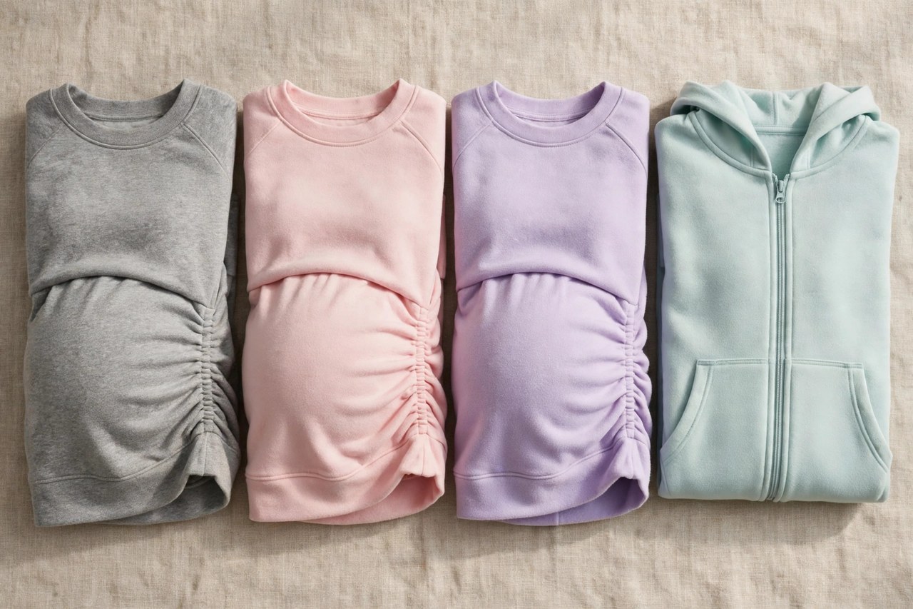 Folded women's maternity sweatshirts and a zip hoodie with a roomy front in heather grey and pastel fleece