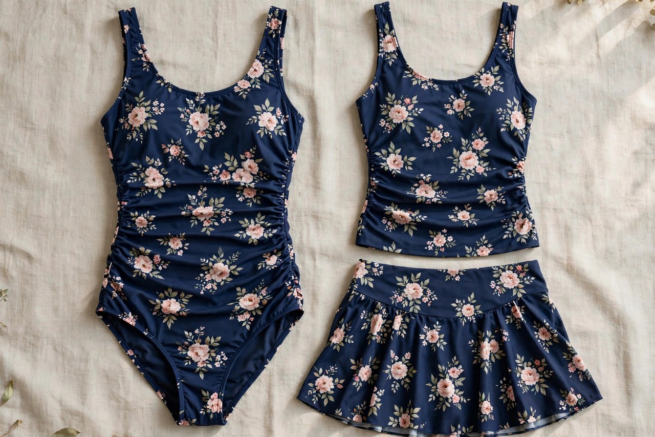 Women's maternity swimwear laid flat: a ruched one-piece swimsuit and a tankini set with a skirted bottom in navy floral