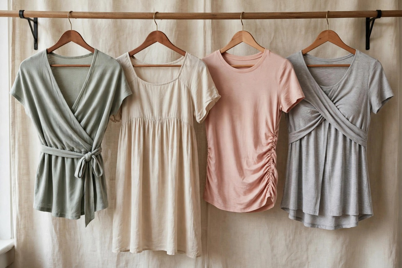 An assortment of women's maternity tops on a rail: a wrap top, an empire tunic, a ruched tee and a layered nursing top