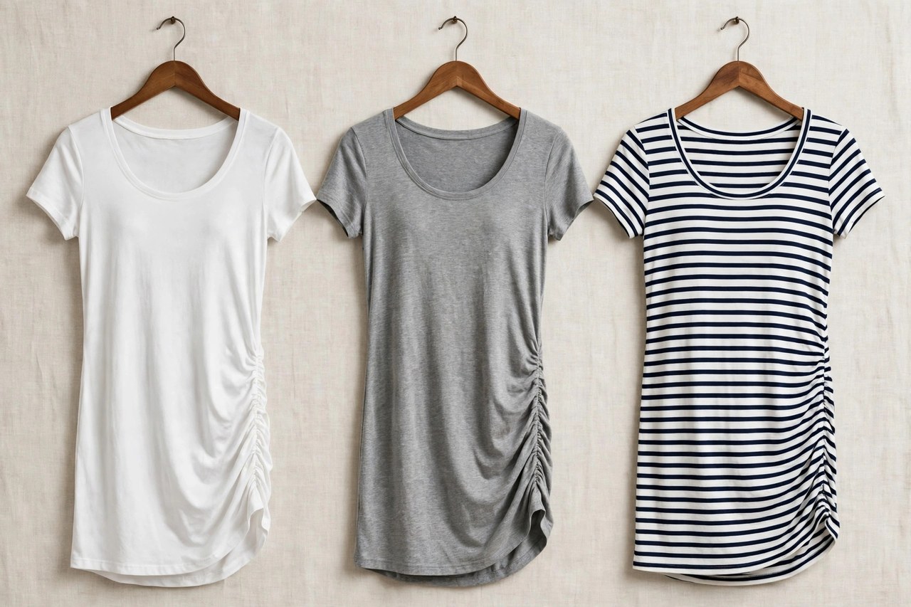 Women's maternity t-shirts on hangers showing side ruching and extra length in white, grey and stripes