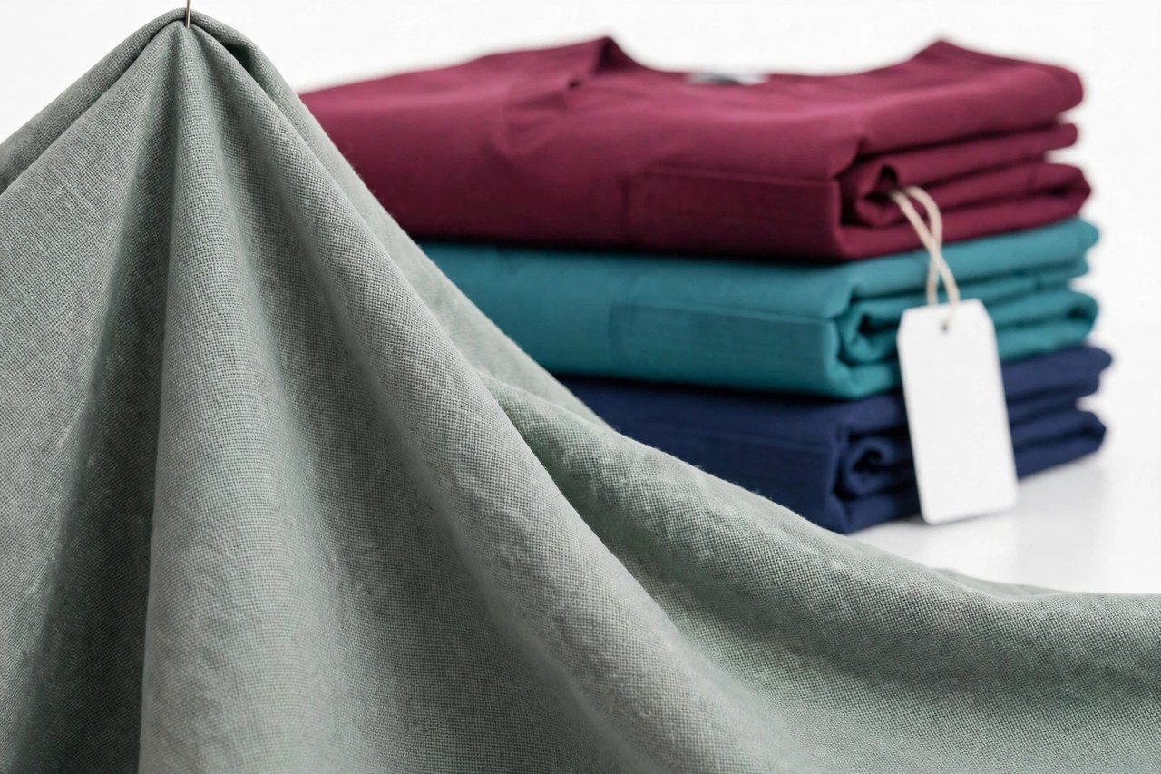 Close-up of women's medical scrub fabric showing weave texture and a folded stack of colorful scrubs