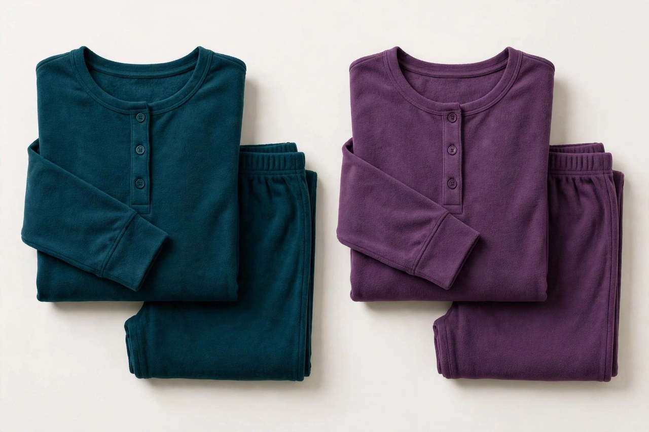 Women's microfleece PJ set laid flat: matching plaid fleece pajama top and pants in coordinated colors