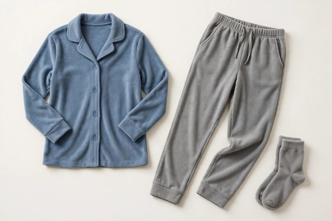 Women's microfleece PJ separates laid flat: a henley sleep top with mix-and-match fleece pajama pants, capri bottoms and shorts
