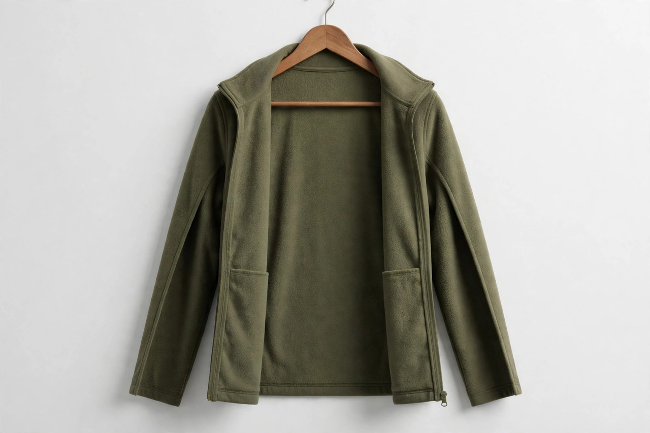 A women's microfleece unlined jacket turned partly inside out to show the single layer of fleece with flat finished seams and no lining