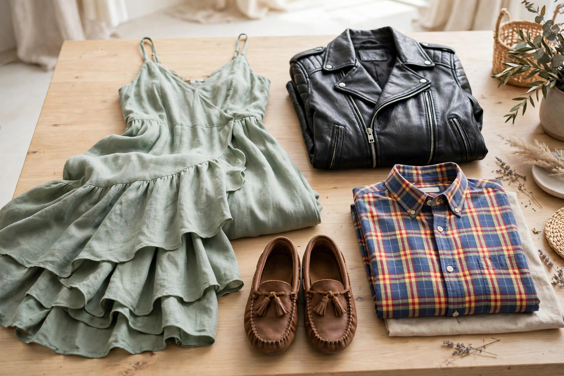 An arrangement of women's items beginning with M: a maxi dress, a Mary Jane shoe, a mitten, a mule shoe and a madras plaid fabric swatch