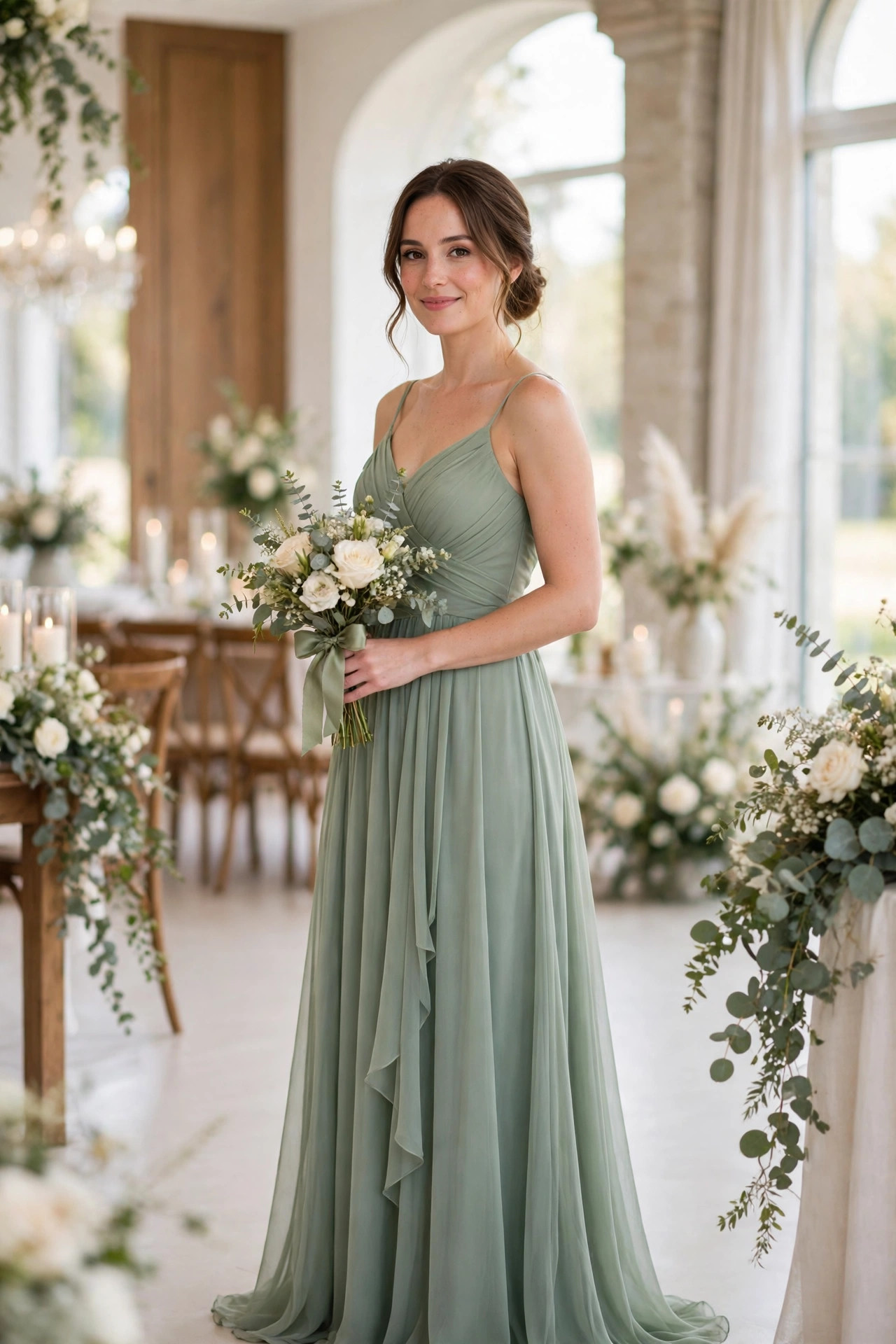 Adult woman as maid of honor wearing a floor-length sage green chiffon gown and holding a small bouquet at a wedding venue
