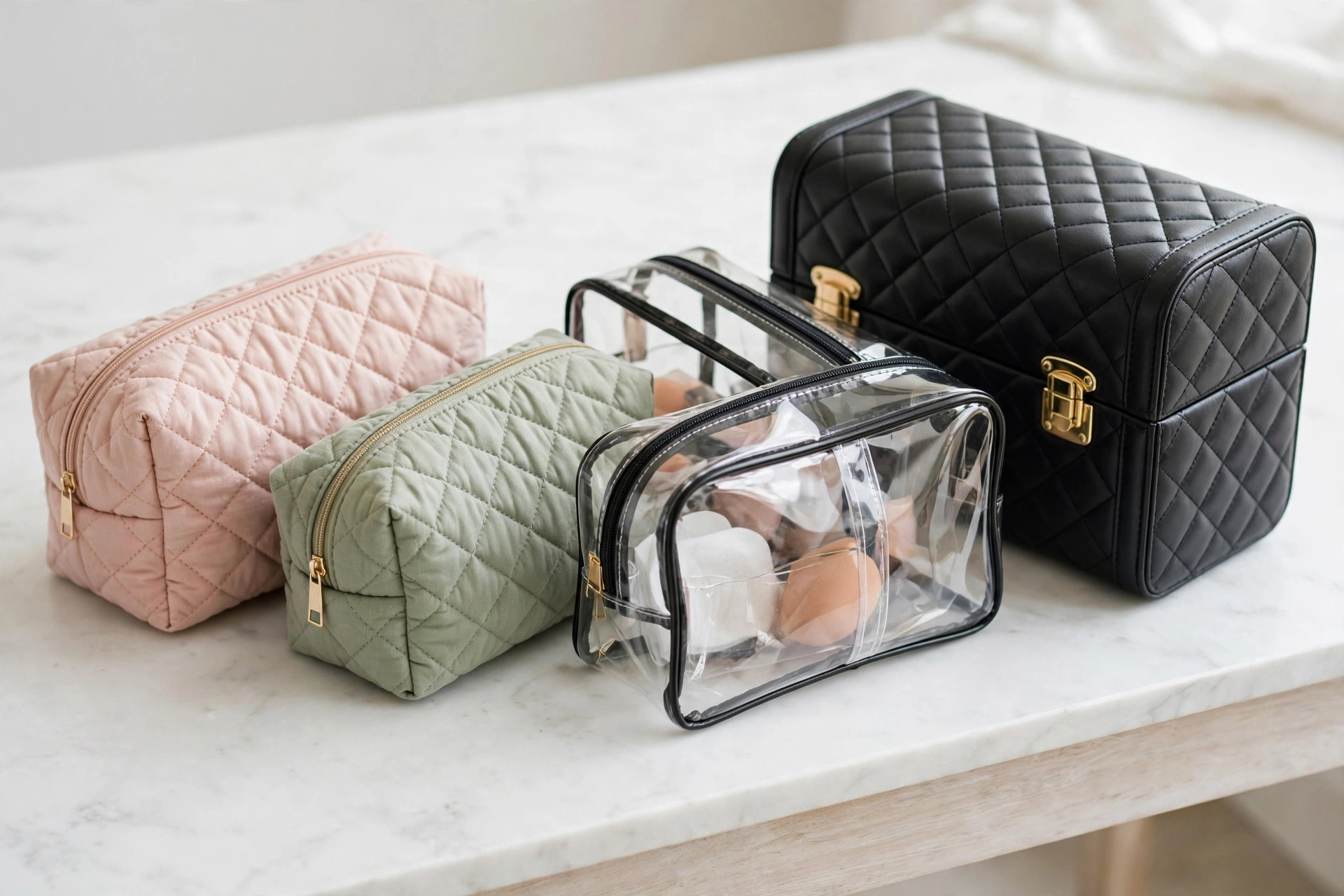 Women's makeup bags in several styles: a quilted zip pouch, a structured train case and a hanging organizer with clear pockets
