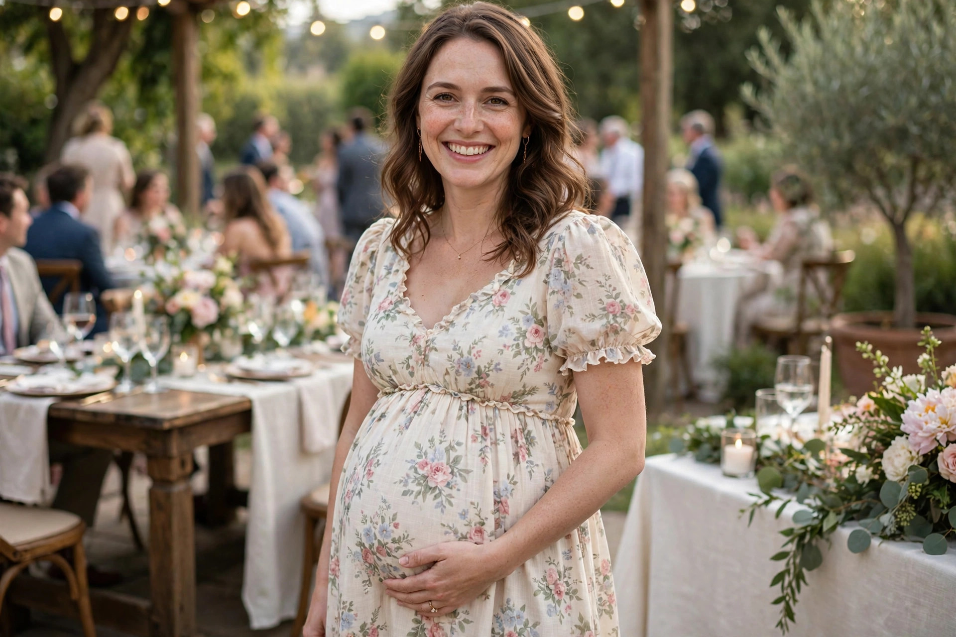 Adult pregnant woman as a wedding guest in an elegant empire-waist floral maternity dress and low block heels at an outdoor reception