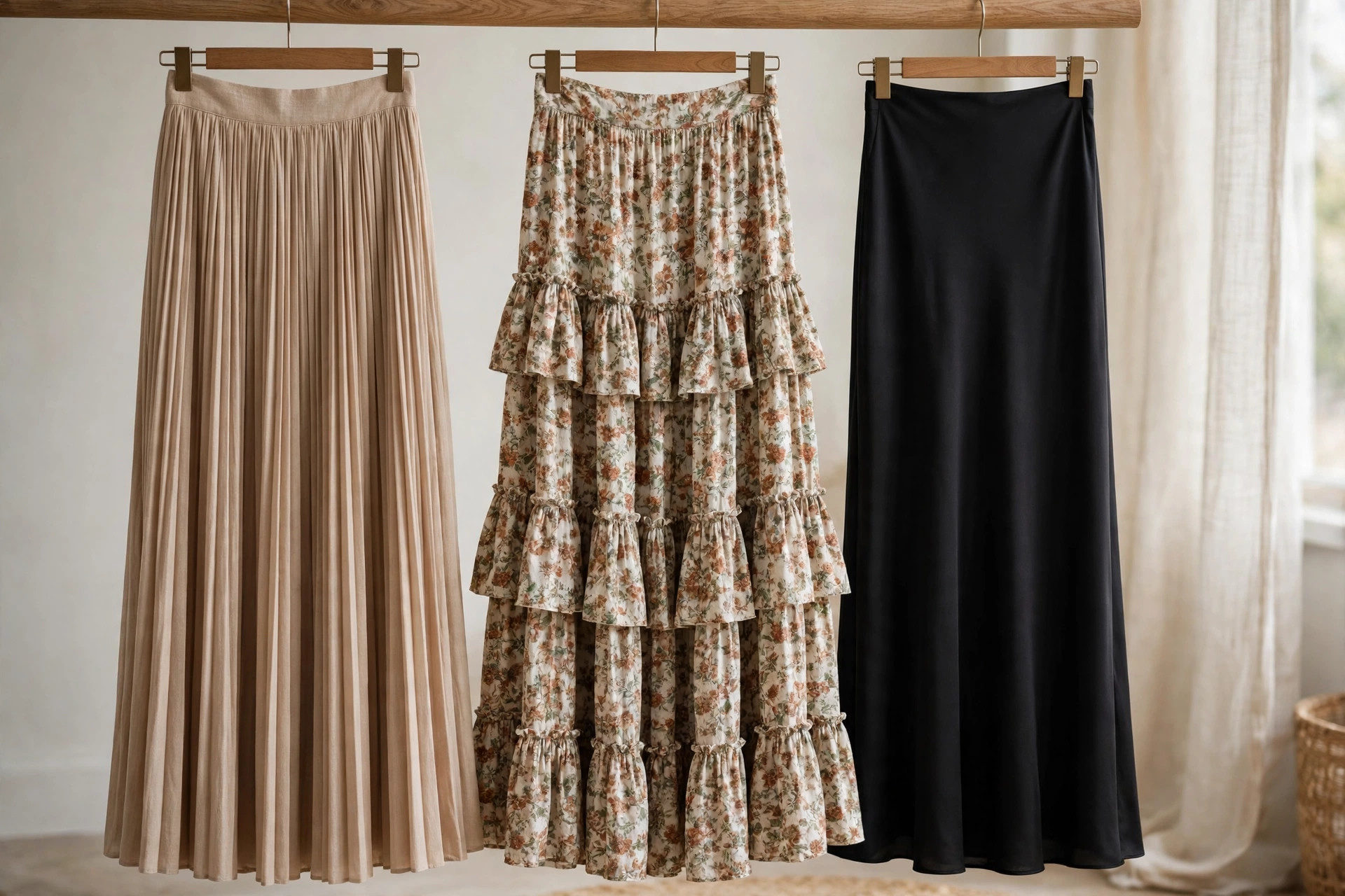 Women's maxi skirts folded and hung: a flowing floral A-line skirt, a tiered cotton skirt and a fitted black knit maxi skirt