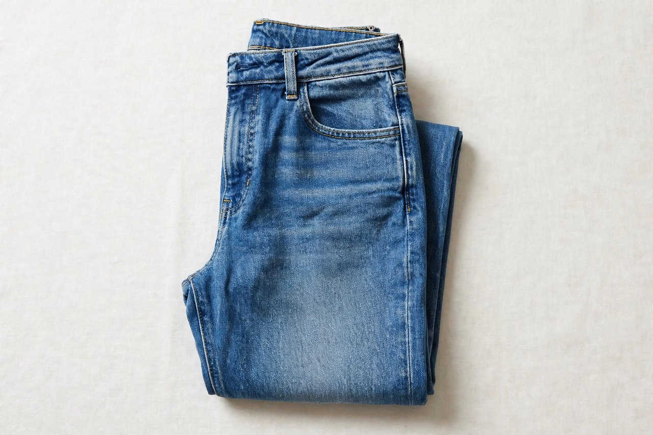 Women's mid-rise jeans in a classic blue wash folded to show the waistband sitting below the natural waist, product photography with no people
