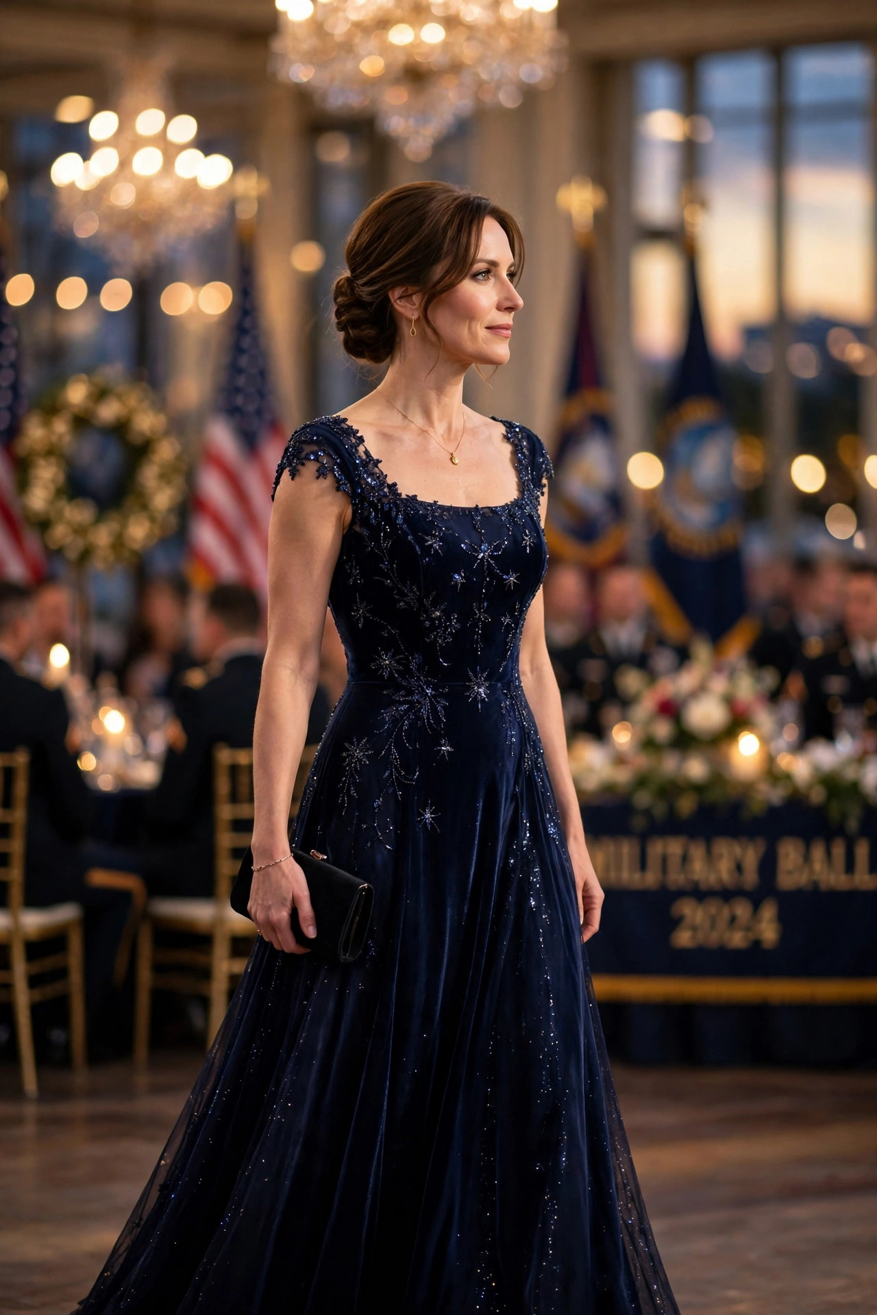 Adult woman in a floor-length navy evening gown arriving at a formal military ball in a grand ballroom