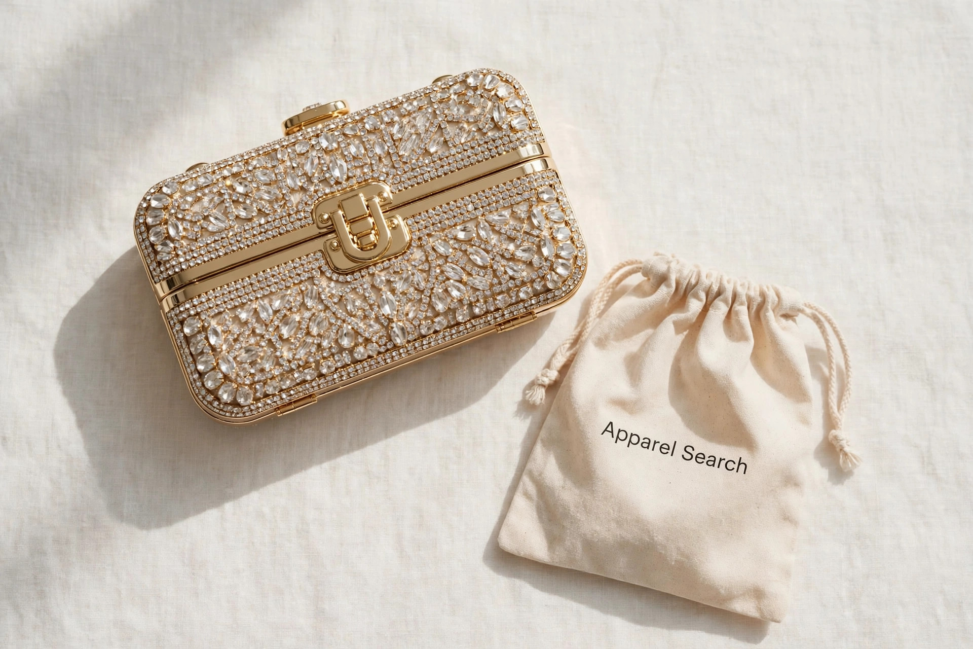 Women's minaudiere evening bag, a small gold-tone hard case with crystal detailing and a clasp closure, product photography with no people