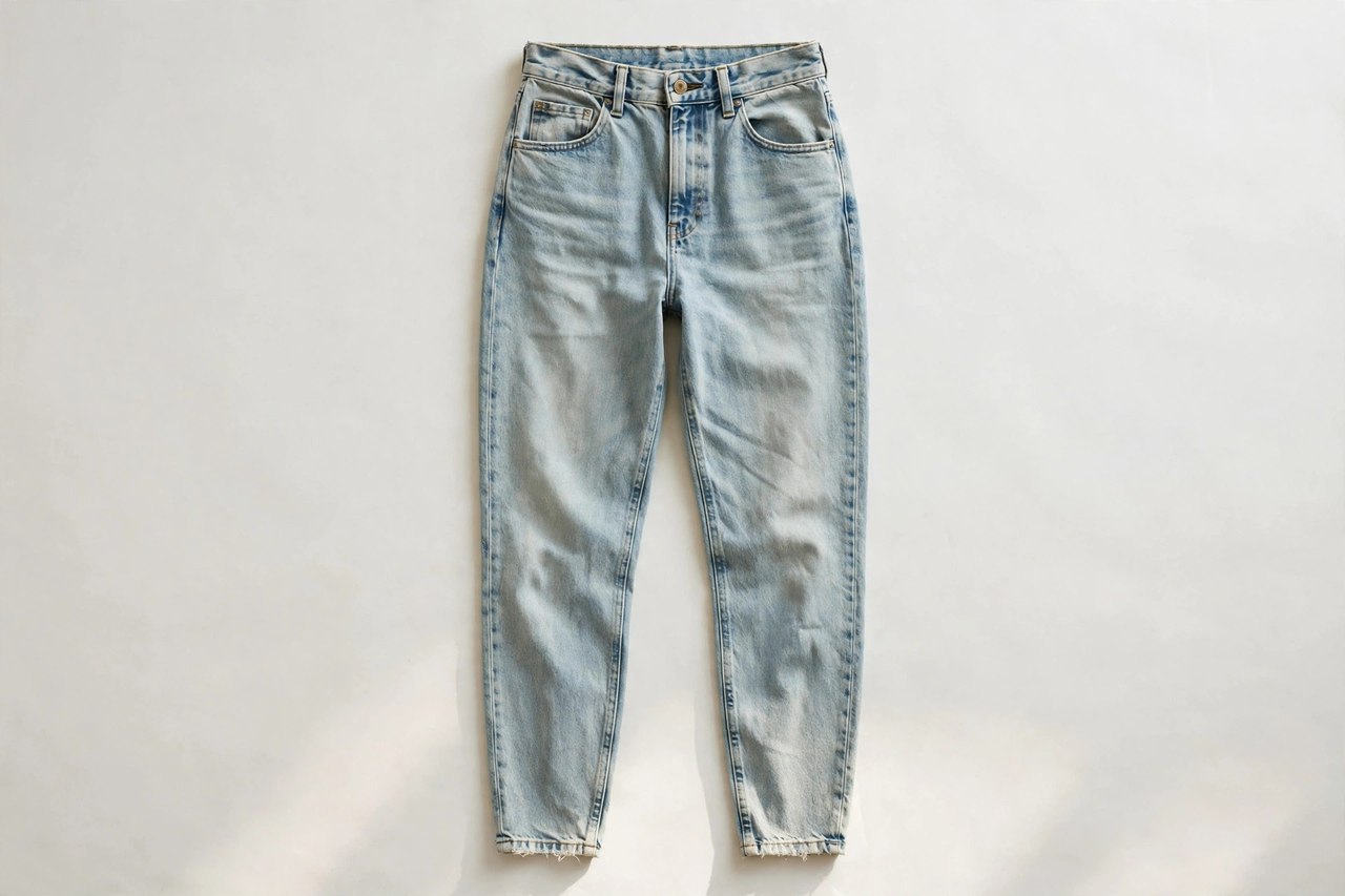 Women's mom jeans in a light vintage wash laid flat, showing the high nipped waist, relaxed thigh and tapered ankle, product photography with no people