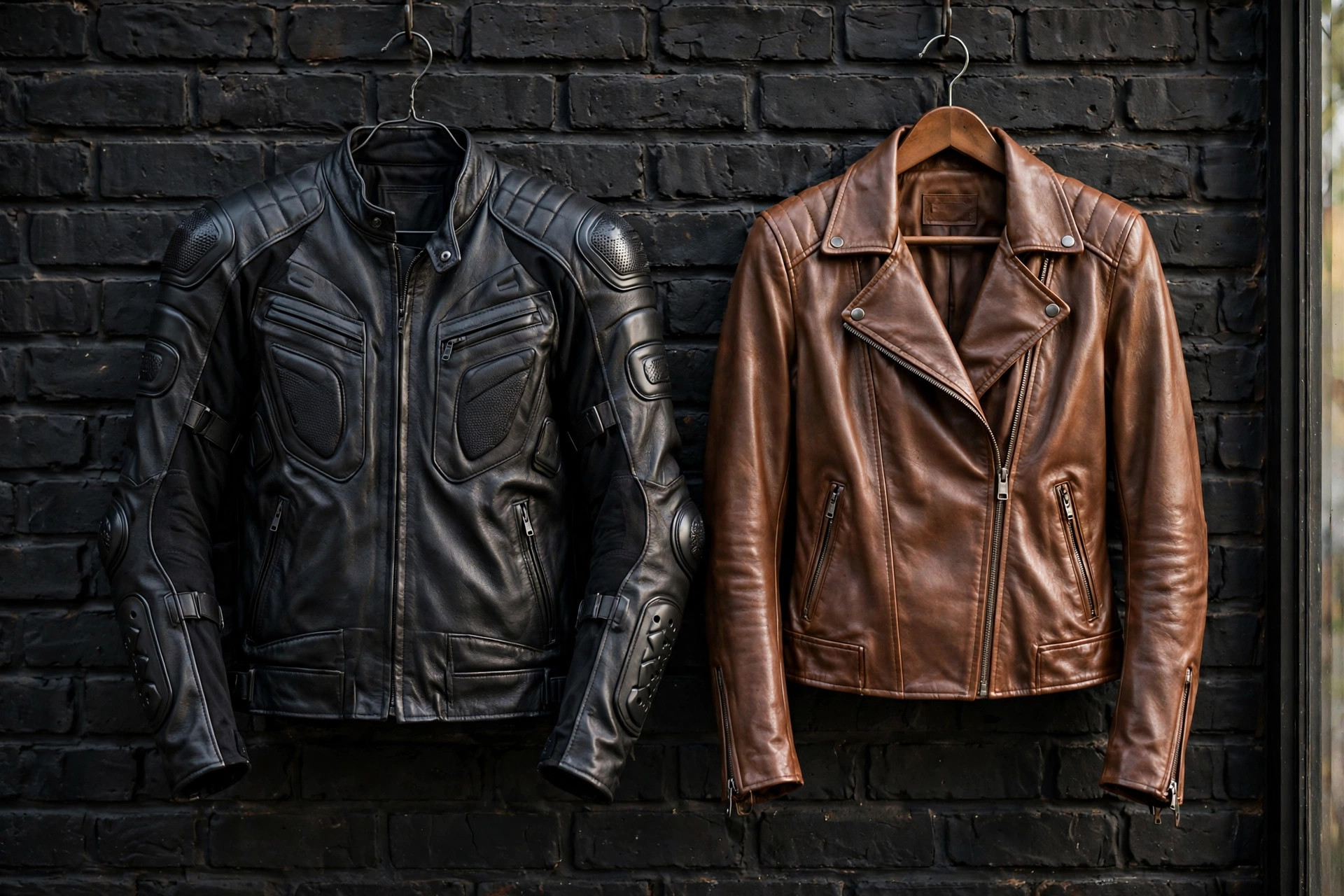 Women's motorcycle jackets on a rail: a black leather riding jacket with quilted shoulders and armor, and a textile touring jacket with vents