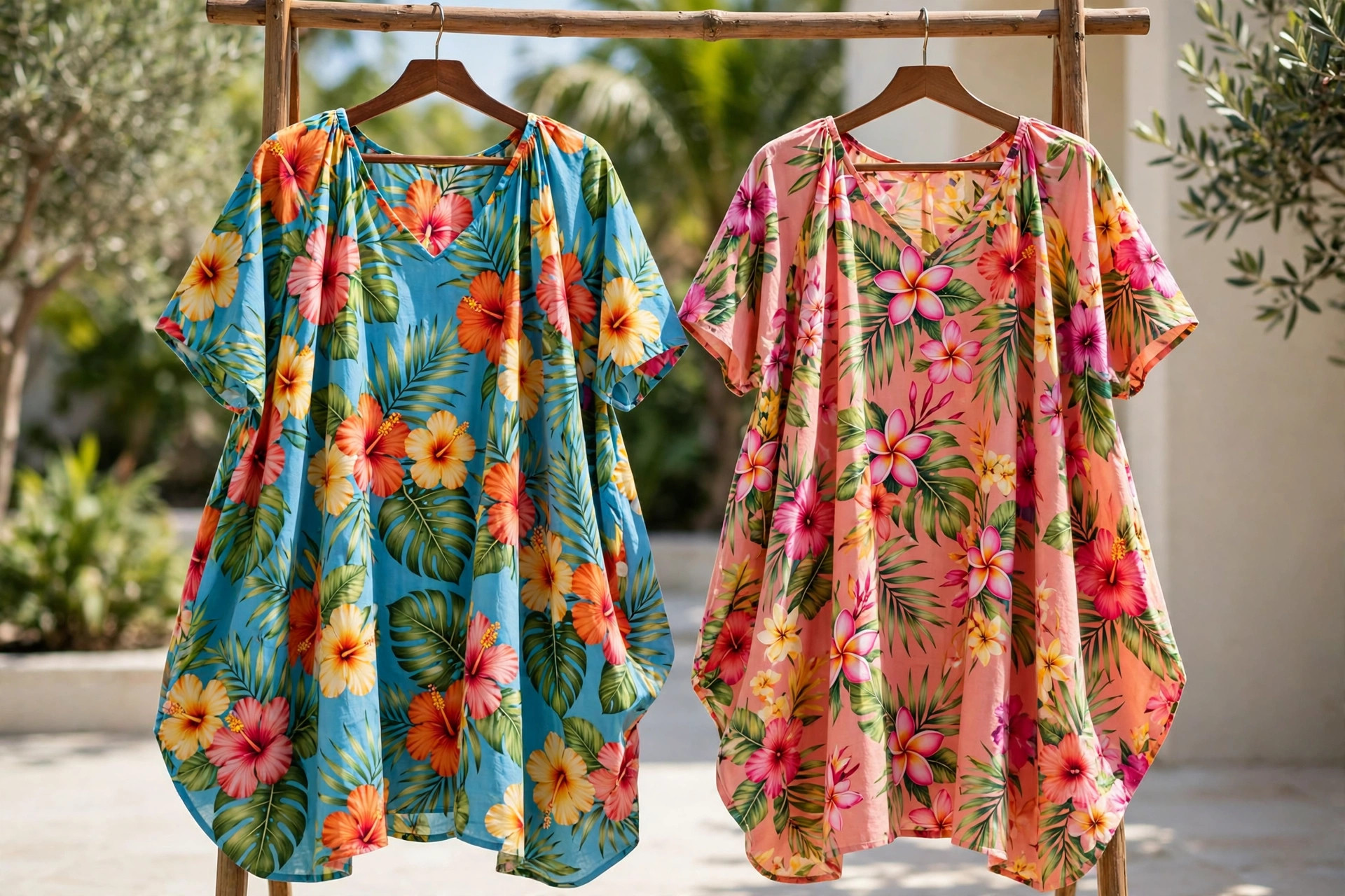 Women's muumuu dresses in bright hibiscus and tropical floral prints: loose flowing dresses with wide sleeves hanging on a rail