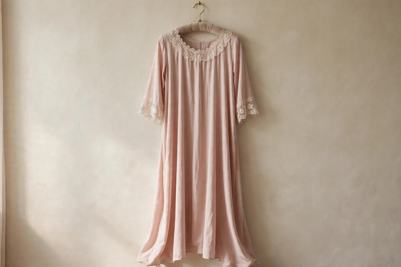 An elegant women's nightdress on a padded hanger: a long flowing cotton nightdress with lace trim at the neckline