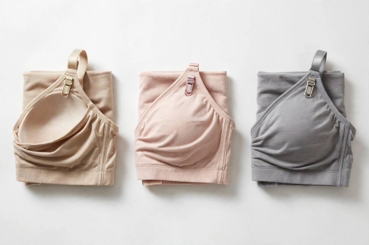 A neat flat lay of women's nursing bras in beige, blush and grey: wire-free nursing bras with the drop-cup clips visible, folded on a white surface