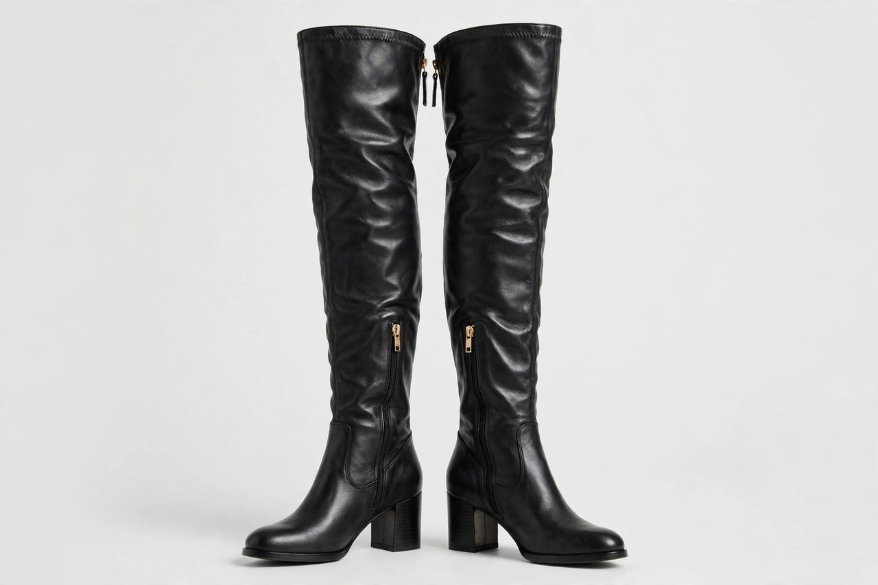 A pair of women's over the knee boots in black leather standing upright on a light background, shown as a product shot only