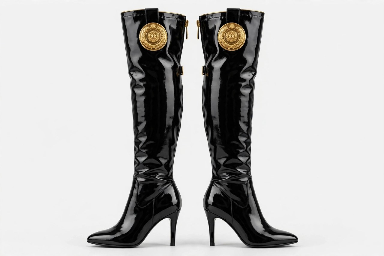 A pair of women's designer over the knee boots in glossy black with bold gold-tone medallion hardware, as a product shot only