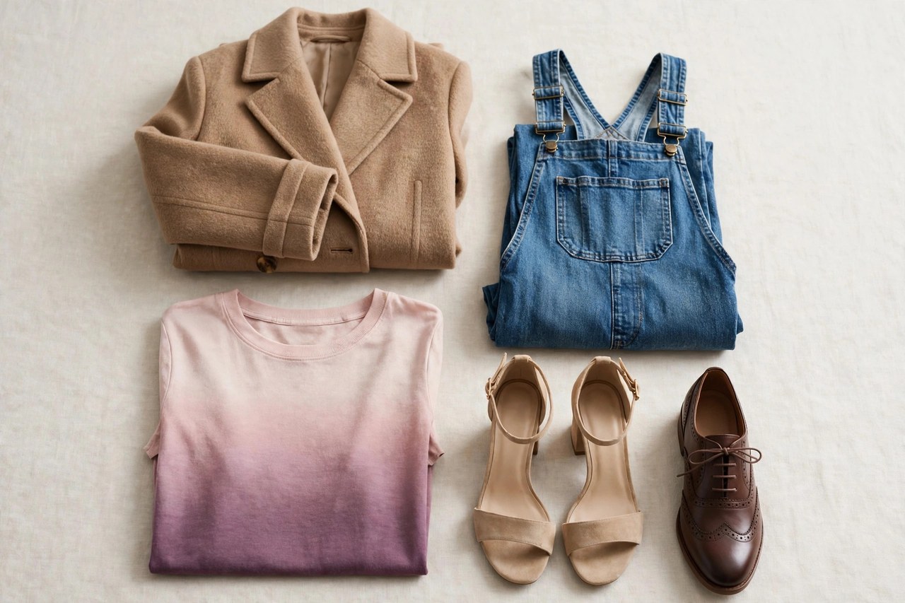 An arrangement of women's items beginning with O: a folded overcoat, denim overalls, an ombre print top, open-toe shoes and an oxford shoe