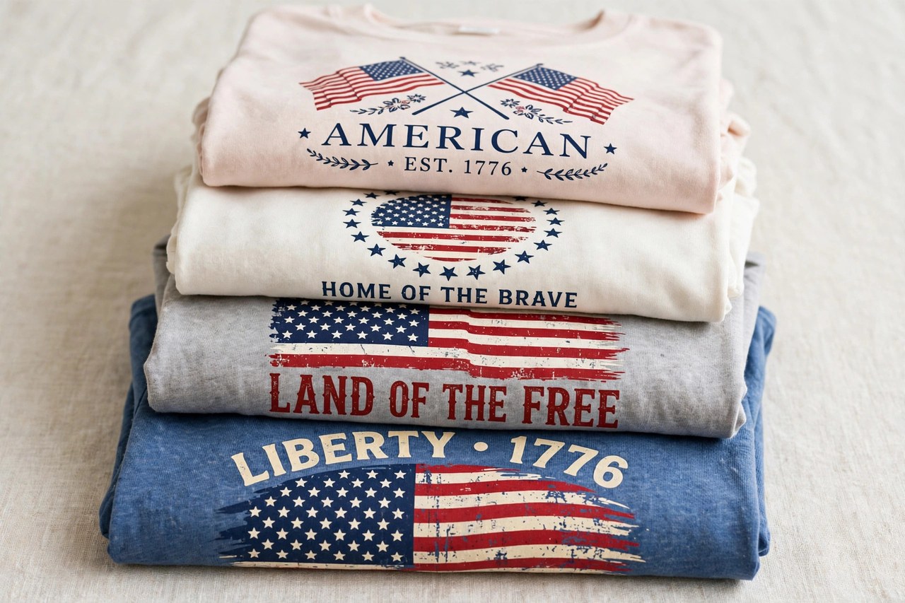 Folded women's Barack Obama graphic t-shirts with patriotic print designs stacked on a light surface